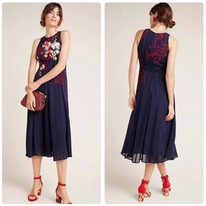 NWT Anthropologie Embroidered Sleeveless Navy Tanzine Floral Midi Dress